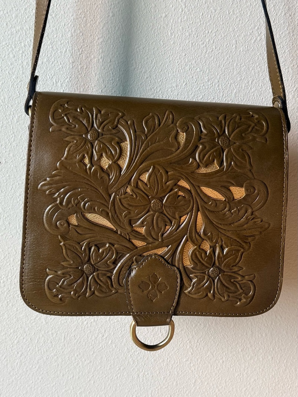 Patricia Nash Tooled Leather Crossbody Bag Metallic Olive Gold Floral